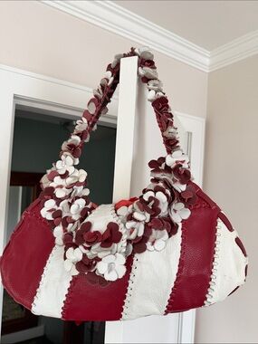 Wabags red white floral leather shoulder bag